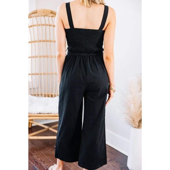 Billabong Ruffled Square Neckline Button Front Self Tie Belt Pockets Jumpsuit M - Picture 3 of 11